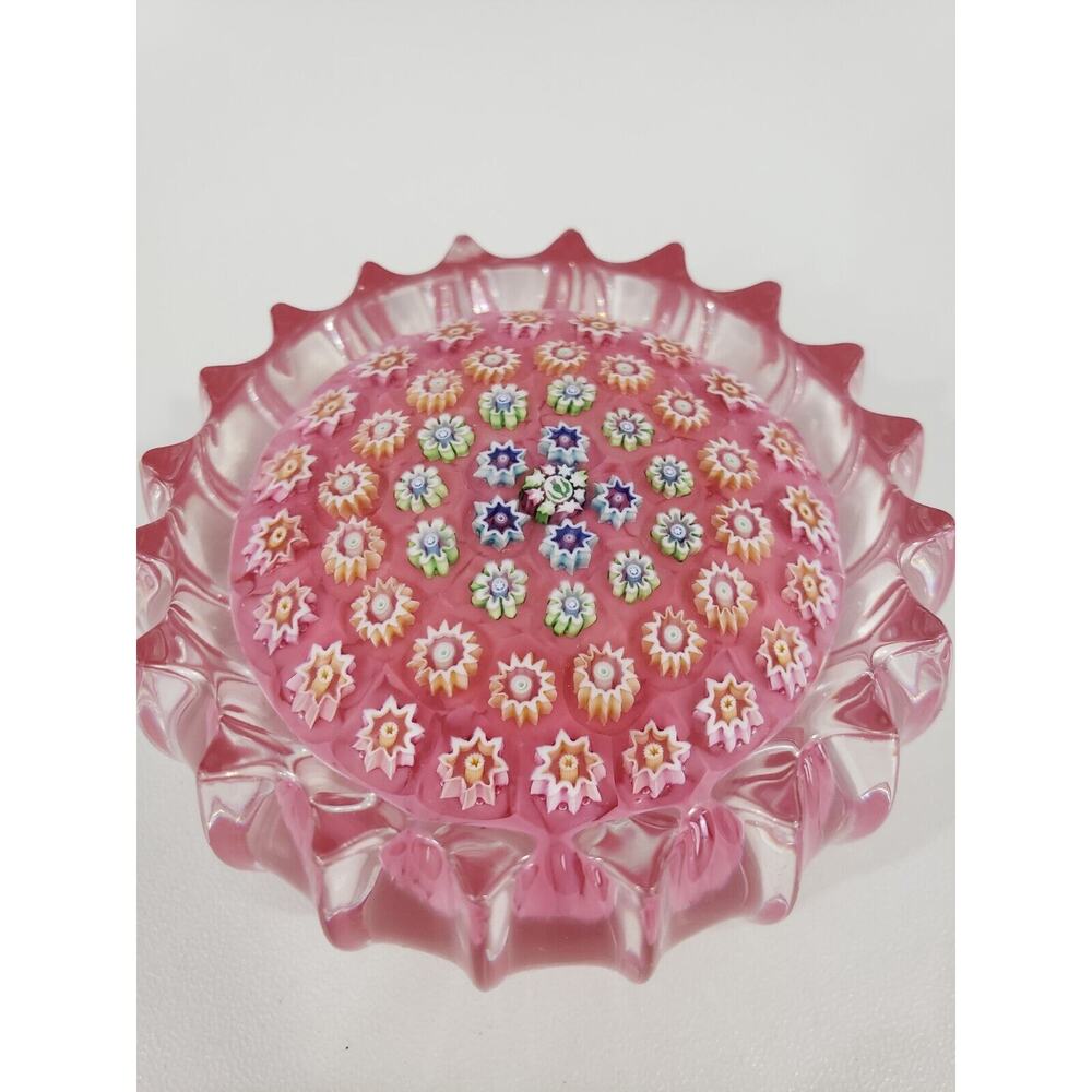 JOHN DEACONS FLUTED 69mm MILLEFIORI PAPERWEIGHT Pink Ground